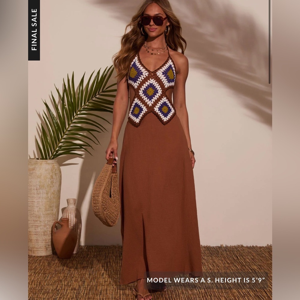 Vici Crochet Halter Maxi Dress - Brown and Blue